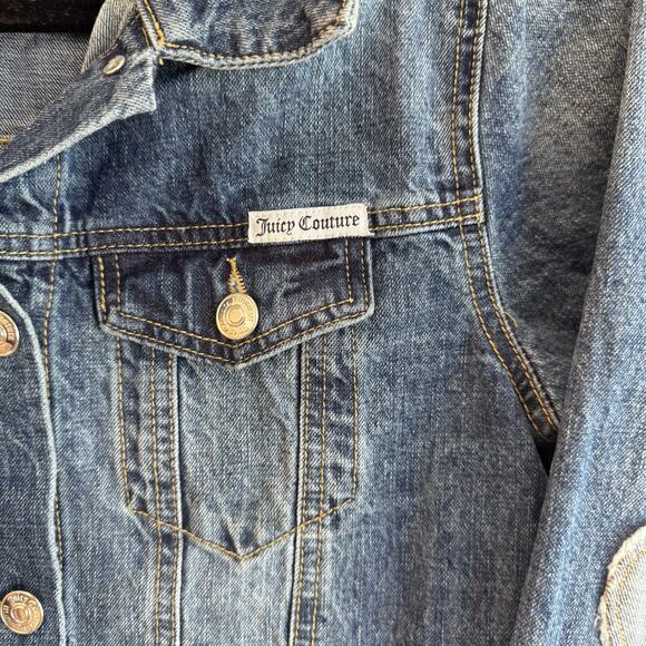 Juicy Couture Cropped Denim Jacket with Heart Patch Elbows Women’s Size M - Picture 6 of 6